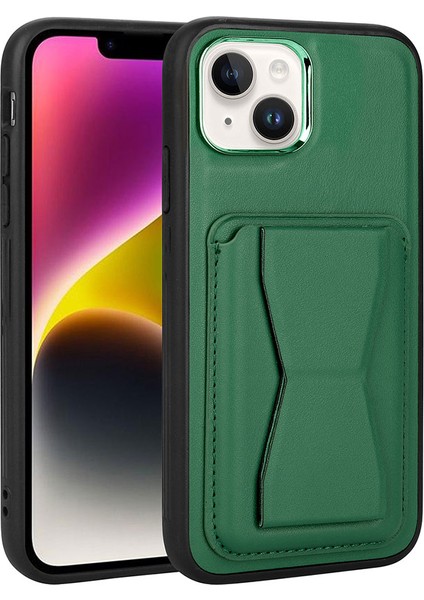 Apple iPhone 14 Plus Kılıf Kartlıklı Standlı ​pu Deri Memo Kapak - Koyu Yeşil