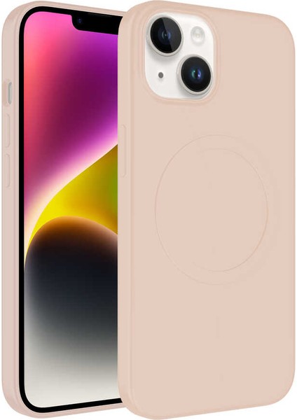 Apple iPhone 14 Plus Kılıf Magsafe Wireless Şarj Özellikli Pastel Renk Silikon Plas Kapak - Pembe Açık