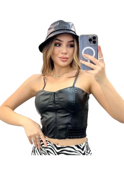 Ön Fermuarlı Askılı Gloplu Suni Deri Büstiyer/crop