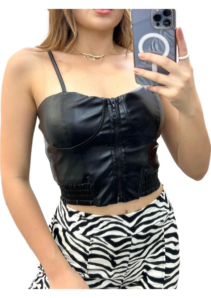 Ön Fermuarlı Askılı Gloplu Suni Deri Büstiyer/crop
