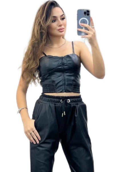 Ön Fermuarlı Askılı Gloplu Suni Deri Büstiyer/crop