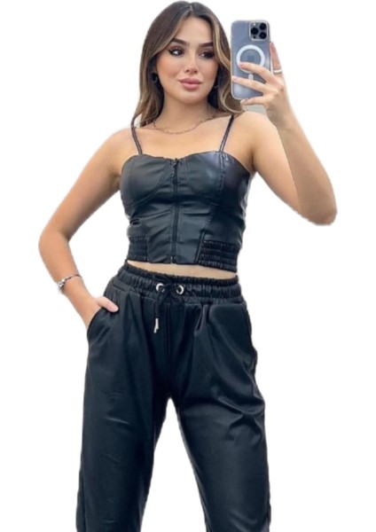 Ön Fermuarlı Askılı Gloplu Suni Deri Büstiyer/crop