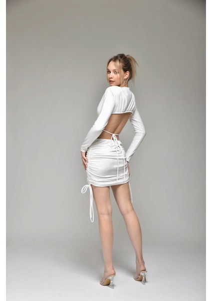 Kadın Ekru Pencere Detayı Mini Elbise