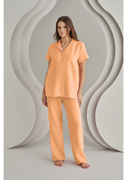 Şeftali Muslin Önden Düğmeli Pijama Takımı