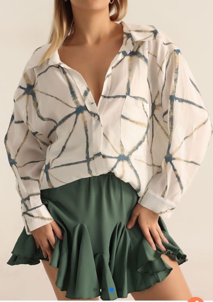 Kadın Oversize Desenli Gömlek Yeşil Beyaz