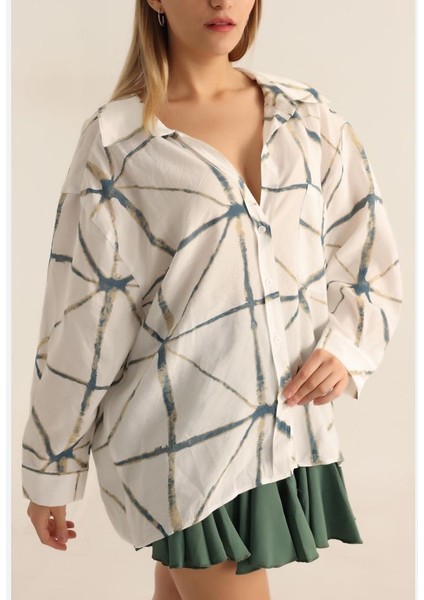 Kadın Oversize Desenli Gömlek Yeşil Beyaz