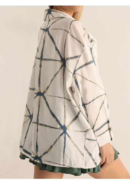 Kadın Oversize Desenli Gömlek Yeşil Beyaz