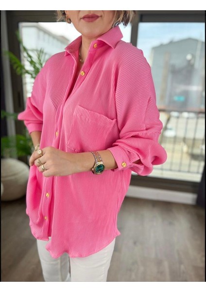 Gokilibutik Kadın Gold Düğmeli Şık Oversize Piliseli Gömlek