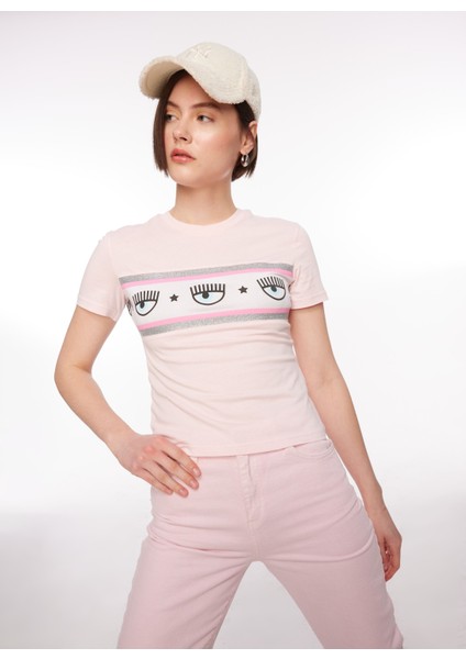 Bisiklet Yaka Baskılı Pembe Kadın T-Shirt 75CBHF02