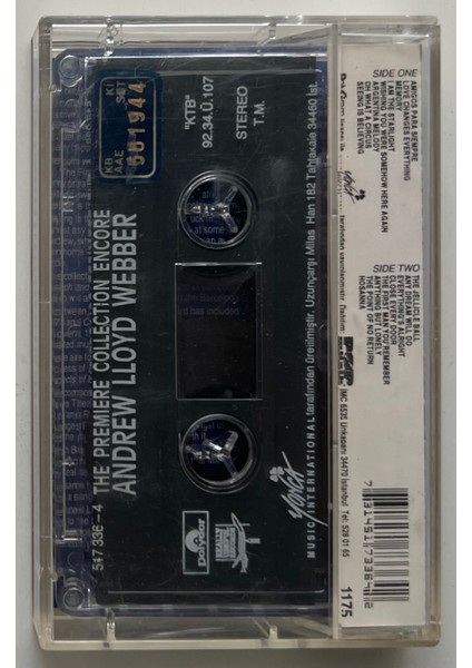 Andrew Lloyd Webber The Premiere Collection Encore Kaset (Orjnal Dönem Baskı Kaset) fiyatları
