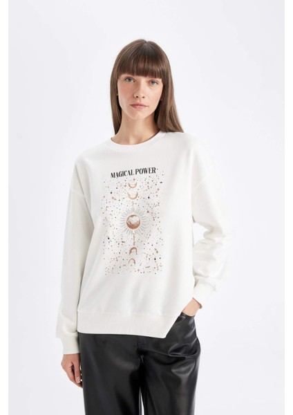 Relax Fit Bisiklet Yaka Baskılı İnce Sweatshirt D5290AX24AU