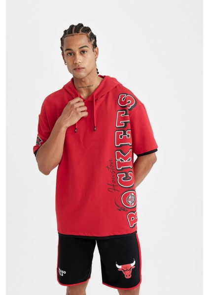 Fit NBA Houston Rockets Kırmızı Oversize Geniş Kalıp Kapüşonlu Baskılı Kısa Kollu Tişört C9277AX24AU modelleri
