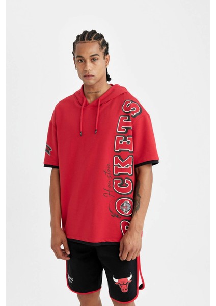 Fit NBA Houston Rockets Kırmızı Oversize Geniş Kalıp Kapüşonlu Baskılı Kısa Kollu Tişört C9277AX24AU fırsatları