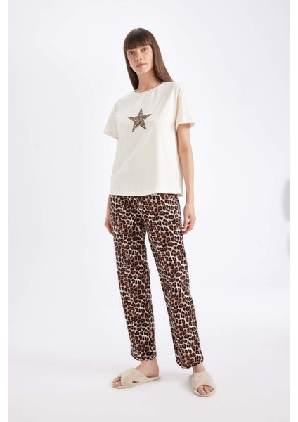 Fall in Love Regular Fit Kısa Kollu Leopar Desenli Pijama Takımı D5665AX24AU