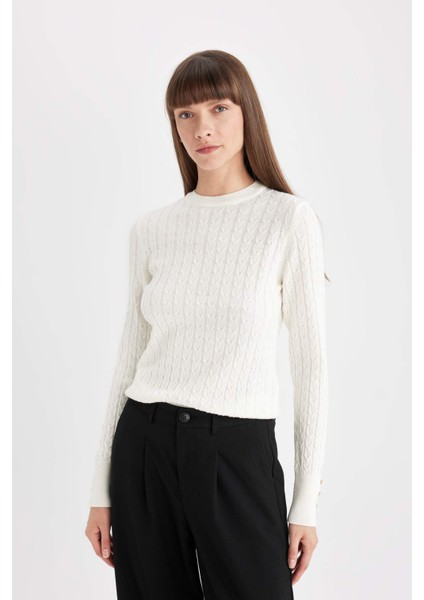 Regular Fit Bisiklet Yaka Saç Örgülü Düğmeli Siyah Triko Kazak X7713AZ24WN modelleri
