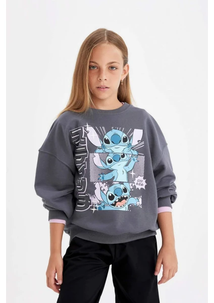 Kız Çocuk Disney Lilo & Stitch Oversize Geniş Kalıp Bisiklet Yaka Sweatshirt C9515A824AU