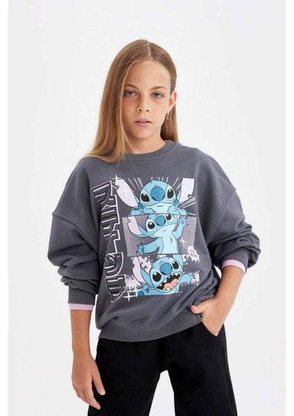 Kız Çocuk Disney Lilo & Stitch Oversize Geniş Kalıp Bisiklet Yaka Sweatshirt C9515A824AU