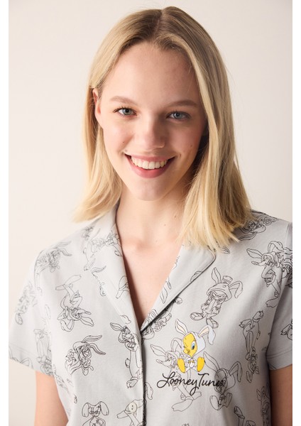 Tweety Açık Gri Gömlek Pantolon Pijama Takımı
