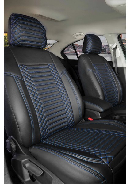 dacia Sandero Stepway Lüx Full Deri Oto Koltuk Kılıfı Ön Arka Takım (Exclusive) Siyah Mavi
