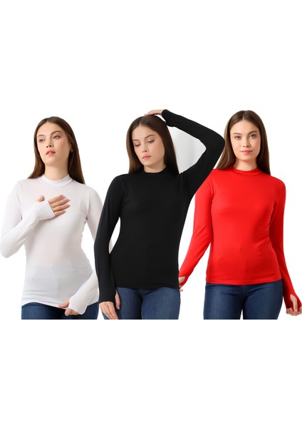 Kadın 3'lü Paket Parmak Detaylı Body 31756 Siyah-Beyaz-Kırmızı