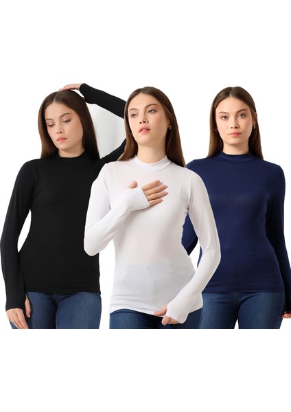 Kadın 3'lü Paket Parmak Detaylı Body 31756 Siyah-Beyaz-Lacivert