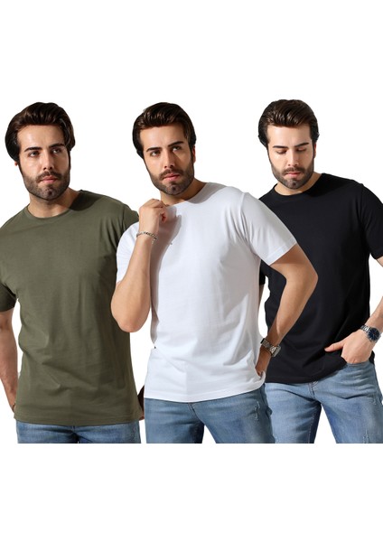 Erkek 3'lü Paket Comfort Fit %100 Pamuk Penye Kompakt T-Shirt 31751 Siyah-Beyaz-Haki