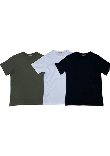 Erkek 3'lü Paket Comfort Fit %100 Pamuk Penye Kompakt T-Shirt 31751 Siyah-Beyaz-Haki modelleri