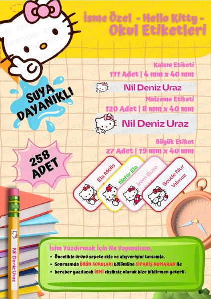 Okul Etiketi Kalem Defter Kişiye Özel Isim Yazılabilen Etiket 258 Adet Hello Kitty