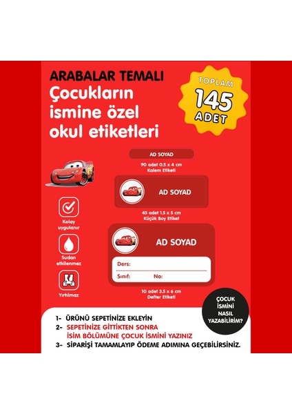Arabalar Temalı Okul Etiketi