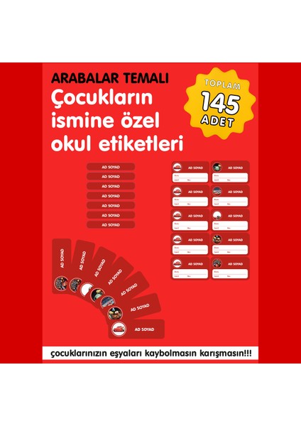 Arabalar Temalı Okul Etiketi