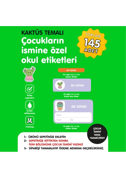 Kaktüs Temalı Isme Özel Okul Etiketi