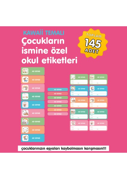 Kawaii Temalı Isme Özel Okul Etiketi