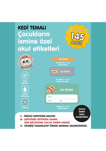 Kedi Temalı Isme Özel Okul Etiketi