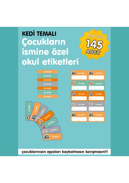 Kedi Temalı Isme Özel Okul Etiketi