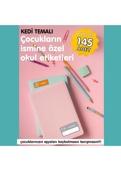 Kedi Temalı Isme Özel Okul Etiketi