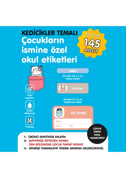 Kedicikler Temalı Isme Özel Okul Etiketi