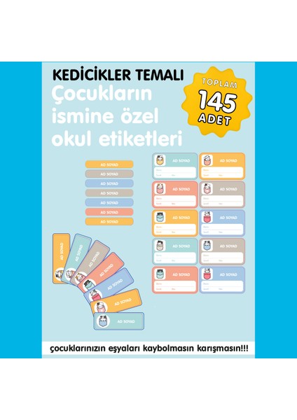 Kedicikler Temalı Isme Özel Okul Etiketi fiyatları
