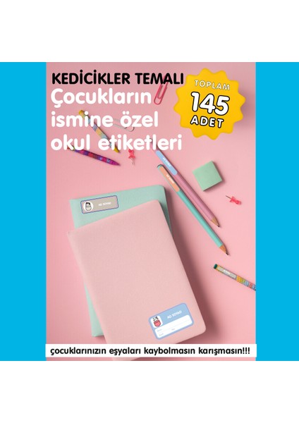 Kedicikler Temalı Isme Özel Okul Etiketi modelleri