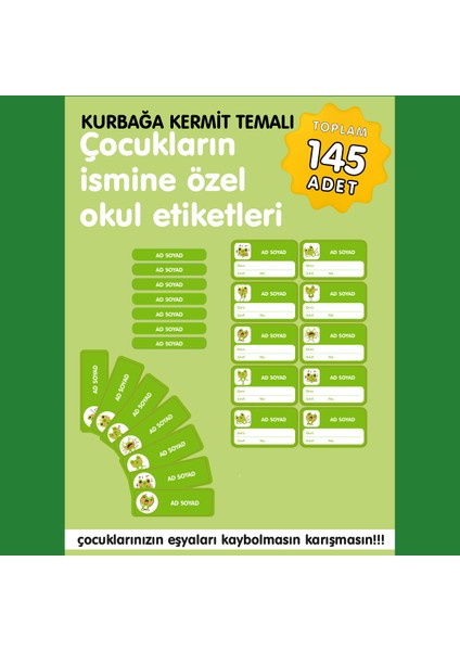 Kurbağa Kermit Temalı Isme Özel Okul Etiketi