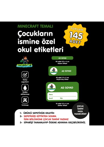Mıne Craft Temalı Isme Özel Okul Etiketi