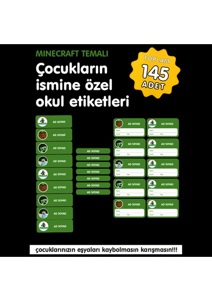 Mıne Craft Temalı Isme Özel Okul Etiketi