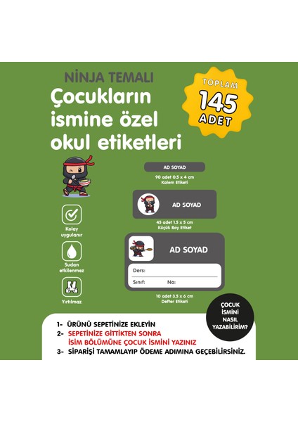 Ninja Temalı Isme Özel Okul Etiketi