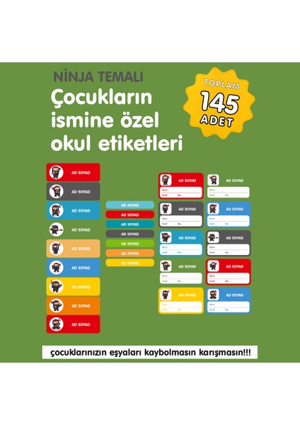 Ninja Temalı Isme Özel Okul Etiketi
