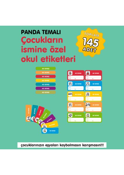Panda Temalı Isme Özel Okul Etiketi