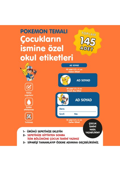 Pokemon Temalı Isme Özel Okul Etiketi