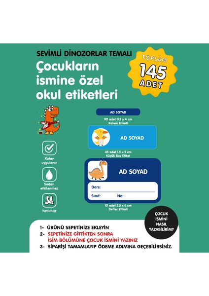 Sevimli Dinozorlar Temalı Isme Özel Okul Etiketi