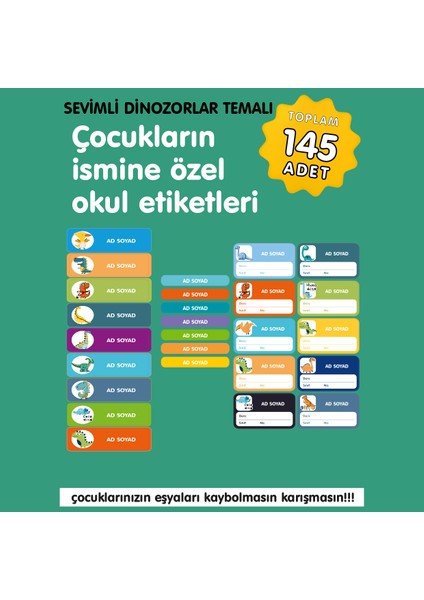 Sevimli Dinozorlar Temalı Isme Özel Okul Etiketi