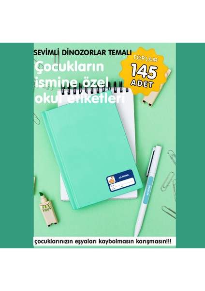 Sevimli Dinozorlar Temalı Isme Özel Okul Etiketi