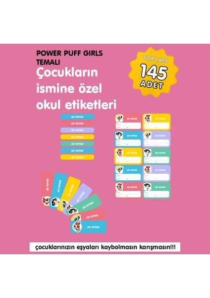Power Puff Temalı Isme Özel Okul Etiketi
