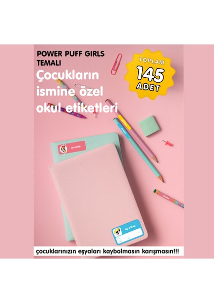 Power Puff Temalı Isme Özel Okul Etiketi